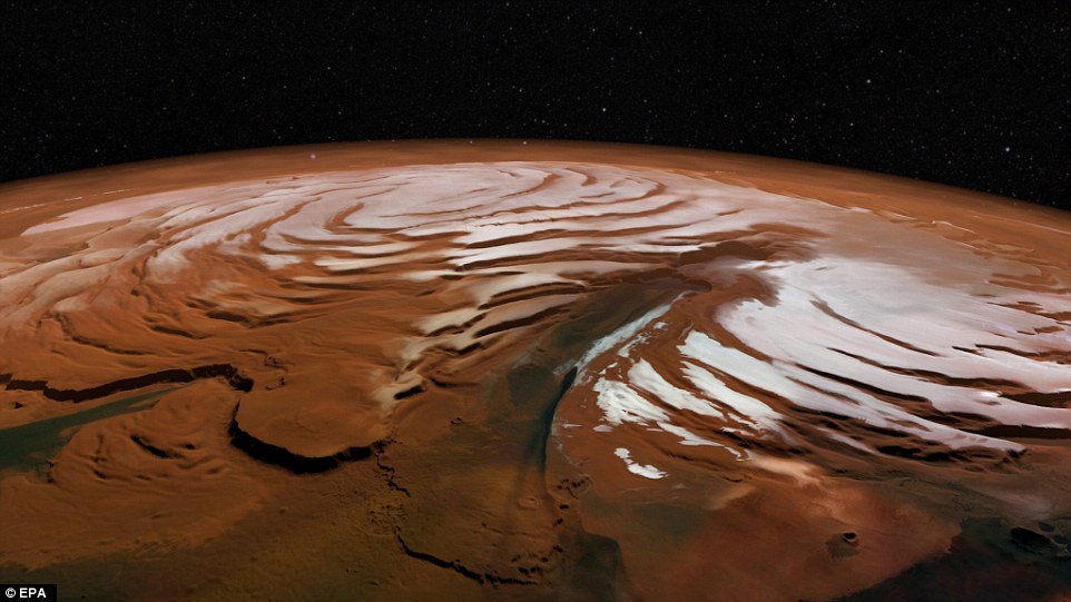 ESA’s Mars Express Mission Clicked Fragile Swirls of Ice at Mars North Pole