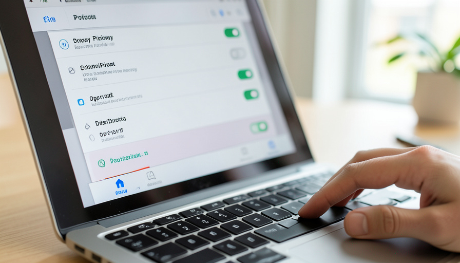 A laptop showing an app's privacy settings with toggle switches, where users can opt out of AI training on their data