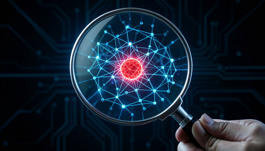 A magnifying glass over an AI neural network with one node flagged red, representing testing and red-teaming AI systems for safety flaws