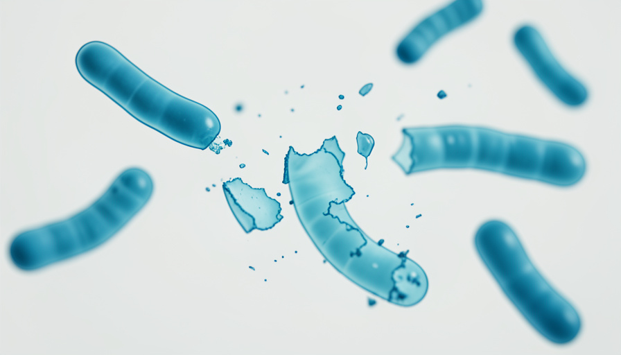 Microscopic illustration of rod-shaped bacteria, some intact and several breaking apart, showing how antibiotics destroy or disable bacterial cells