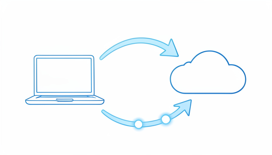 A laptop and a cloud server connected by arrows carrying data, illustrating how an app sends a request to an API and gets a response back