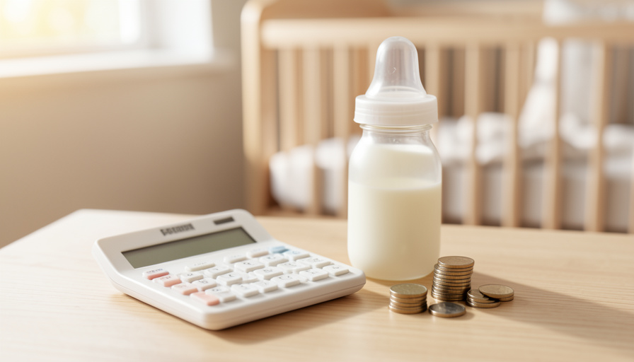 A calculator, a baby bottle, and stacks of coins on a table with a nursery crib behind, representing budgeting for a new baby