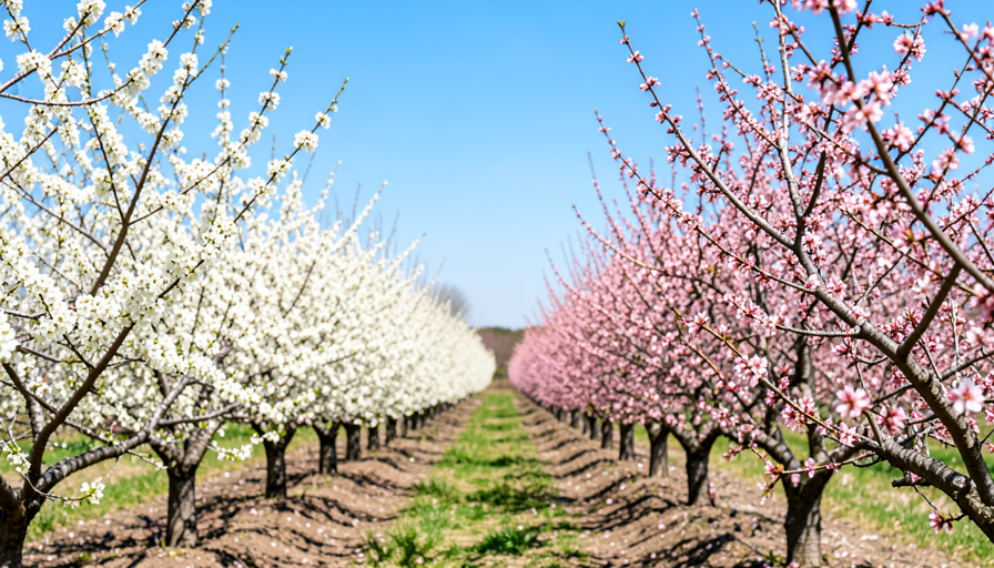 Rows of fruit orchard trees in full white and pink spring bloom under a clear blue sky