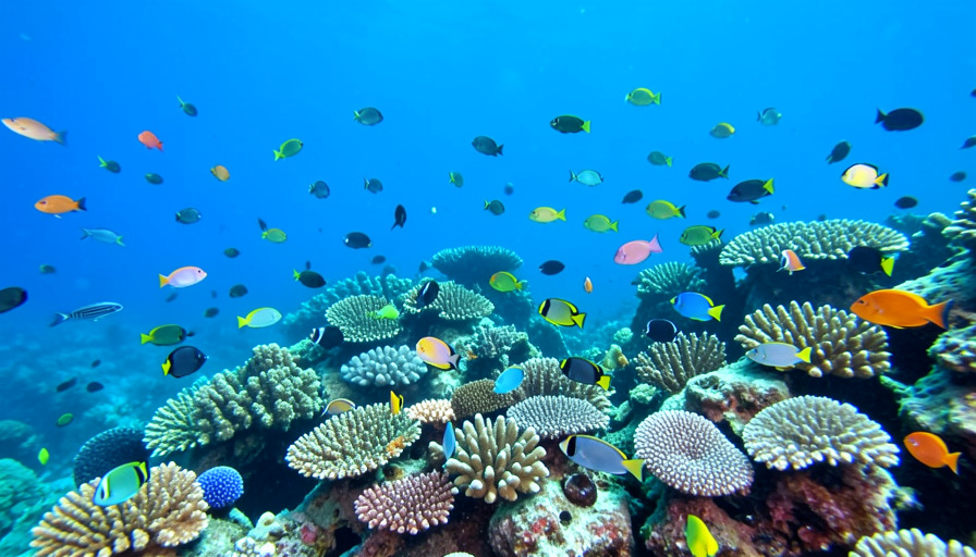 A colorful coral reef teeming with many different species of fish and corals, an example of rich marine biodiversity