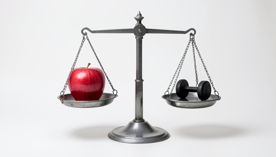 A balance scale holding a red apple on one pan and a small dumbbell on the other against a light background