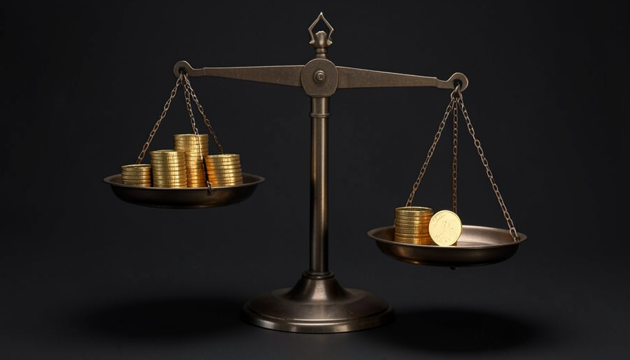 A metal balance scale with a tall stack of gold coins on one raised pan and a small stack on the lowered pan against a dark background