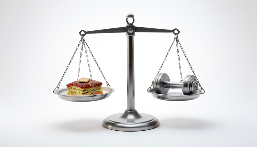 A simple balance scale with a plate of food on one pan and a dumbbell on the other, representing calories taken in versus calories used