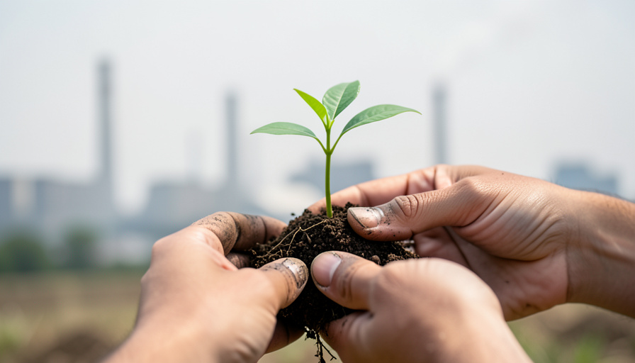 Hands holding a tree seedling with a hazy industrial skyline behind, representing tree-planting carbon offsets meant to cancel emissions