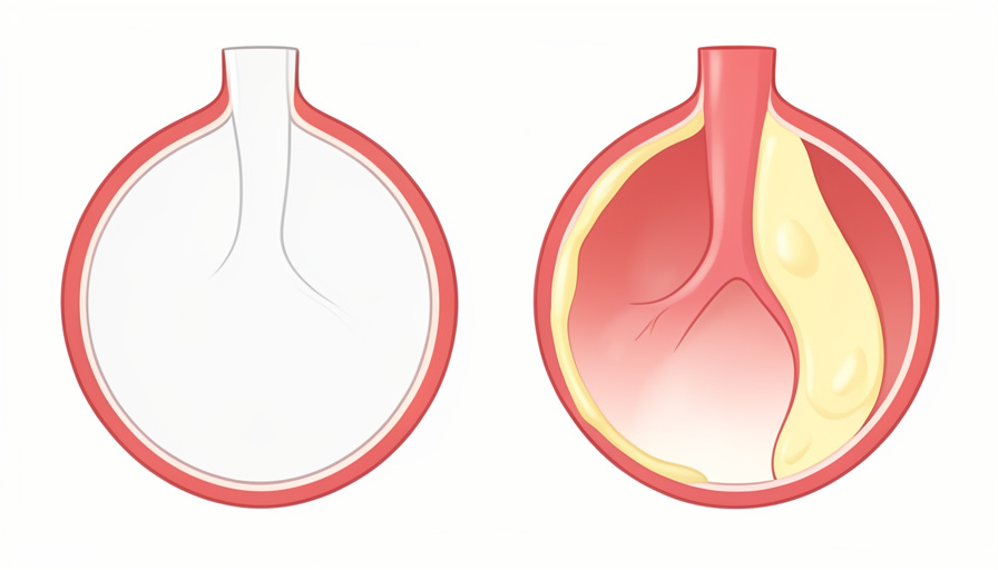 Two artery cross-sections, one open and one narrowed by yellow fatty plaque, showing how too much LDL cholesterol builds up in artery walls