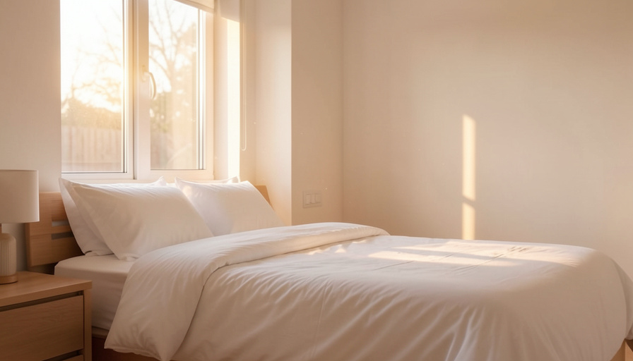 A calm bedroom with soft morning sunlight streaming through a window onto a neatly made bed with white linens