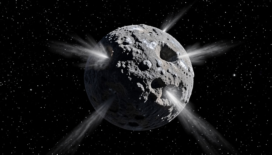A close-up of a dark rocky and icy comet nucleus in space with bright jets of gas and dust erupting from its surface