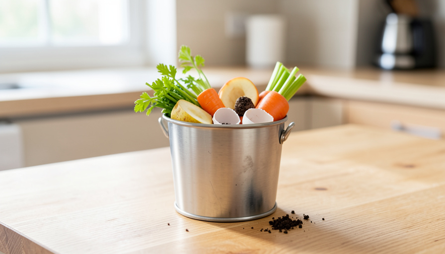 A metal kitchen compost caddy filled with carrot tops, celery, herbs, apple, and eggshells on a wooden counter