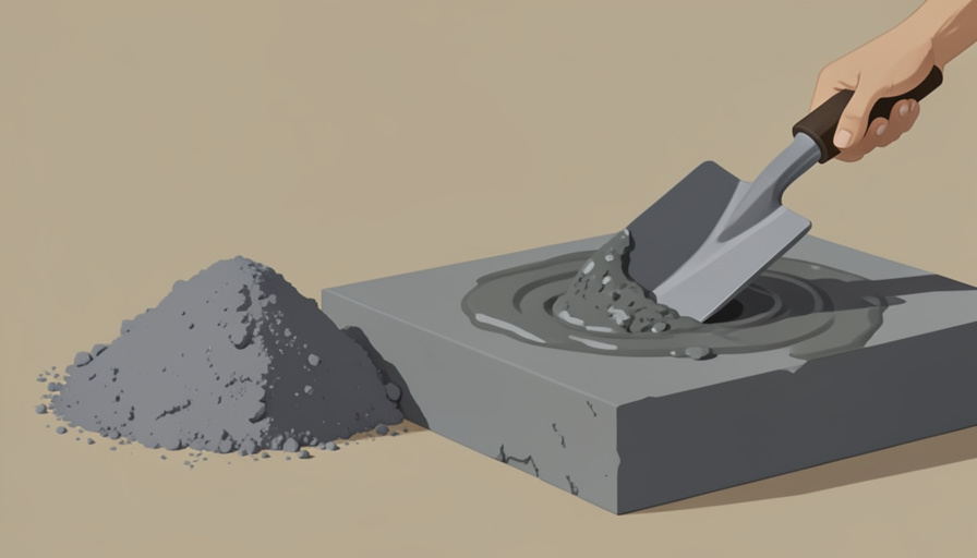 A pile of grey sewage-sludge ash beside wet concrete being mixed with a trowel, as a partial cement replacement
