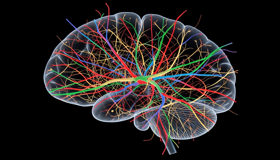 A colorful whole-brain wiring diagram with traced neuron paths radiating through a translucent brain, illustrating what a connectome maps
