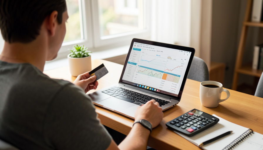 A person reviewing their finances on a laptop while holding a credit card, checking their credit and spending