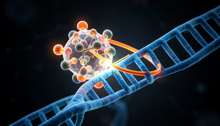 A CRISPR-Cas9 protein complex guided by a strand of RNA locking onto a DNA double helix to cut it at a precise spot