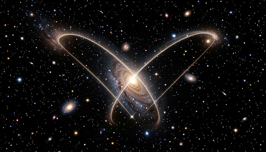 Distant starlight bent into stretched glowing arcs around a galaxy, the gravitational lensing effect used to map dark matter