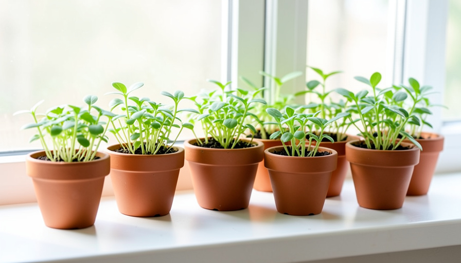 A row of small green seedlings growing in separate terracotta pots on a bright windowsill