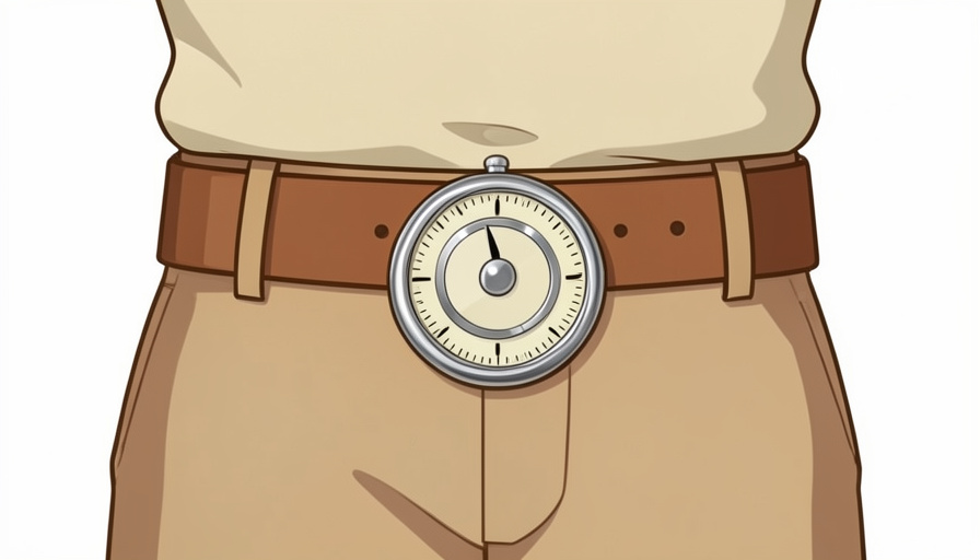 A vintage mechanical step-counter pedometer clipped to a belt, like the 1960s Manpo-kei that popularized 10,000 steps