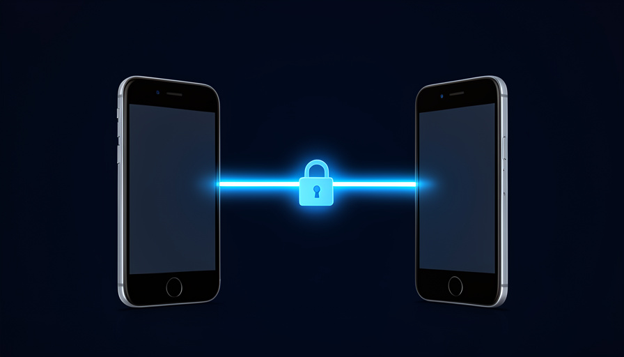 Two smartphones connected by a glowing blue beam of light with a small padlock in the middle, on a dark background