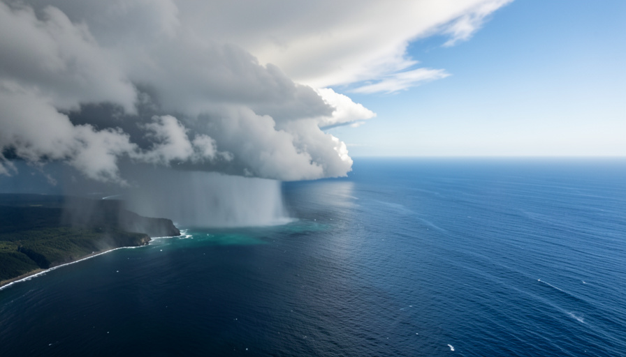 Heavy storm clouds and a rain shaft over the ocean near a coastline beside clearer skies, showing how El Nino shifts Pacific rainfall