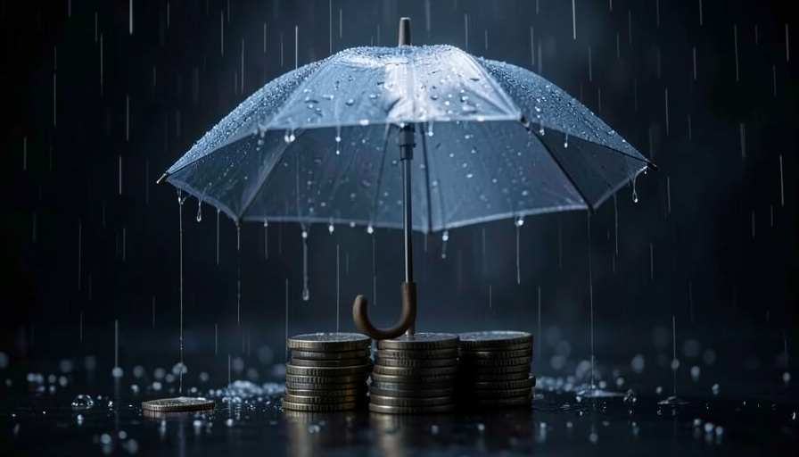 A small open umbrella shielding a neat stack of coins from falling rain, representing a financial cushion for a rainy day