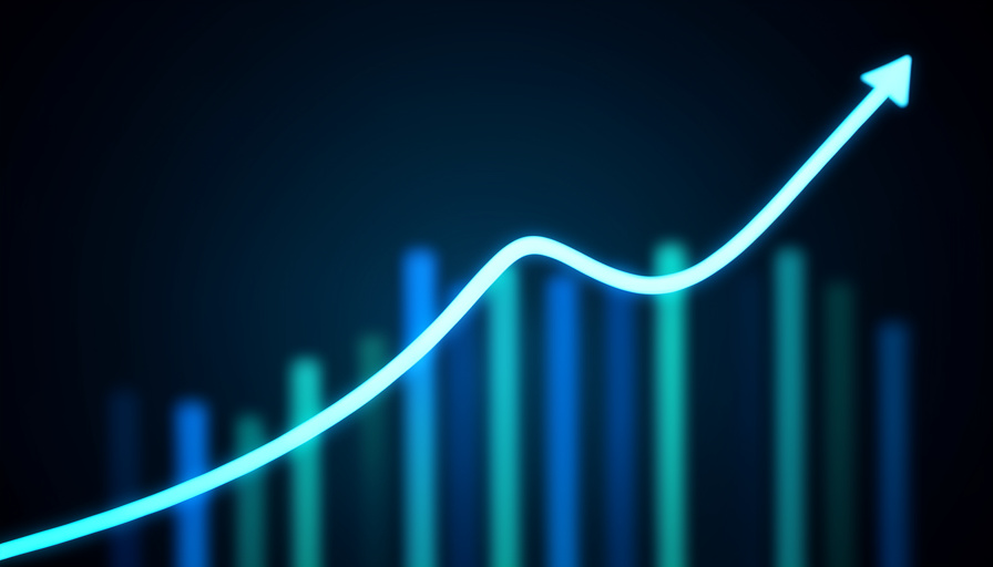An abstract glowing upward-trending line rising over blurred vertical bars on a dark background, representing market growth