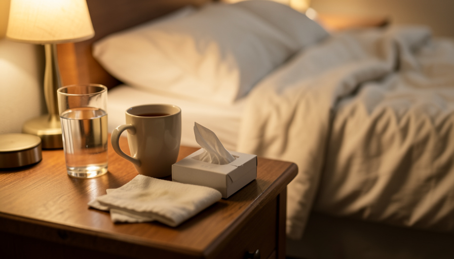 A bedside with water, tea, tissues and a cloth beside a bed, showing rest and fluids, the main way to care for a fever
