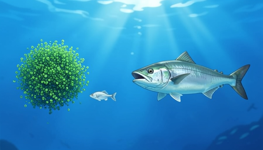 An ocean food chain from left to right: green plankton, a small fish, and a larger predatory fish, showing energy passing up the trophic levels