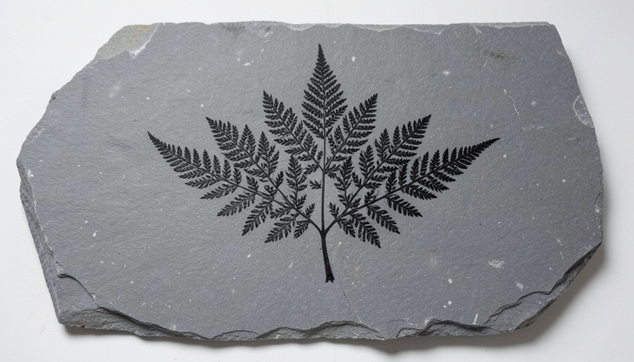A fossilized fern leaf preserved as a dark imprint on a grey rock slab, an example of a plant fossil