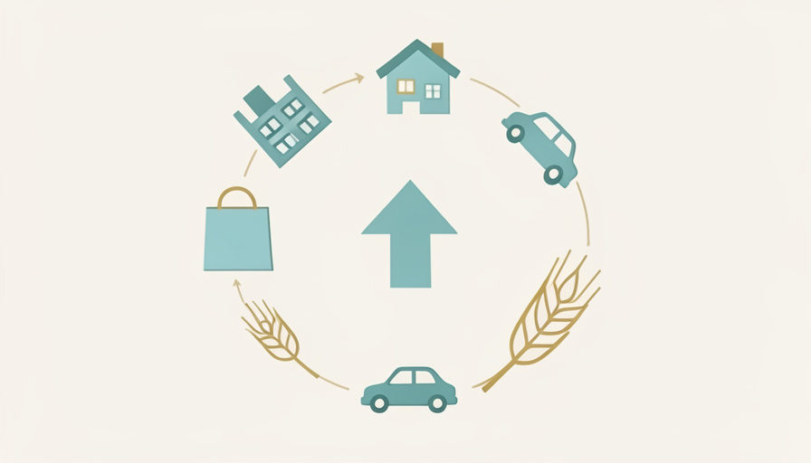 Icons of a factory, house, car, shopping bag and wheat arranged around an upward arrow, representing the goods and services counted in a country's GDP