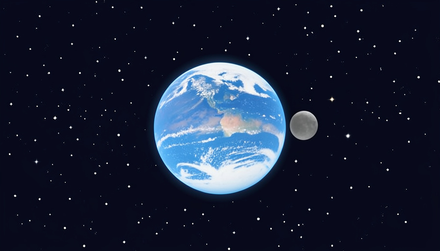A blue and white planet in space with a smaller gray moon orbiting it against a starry background