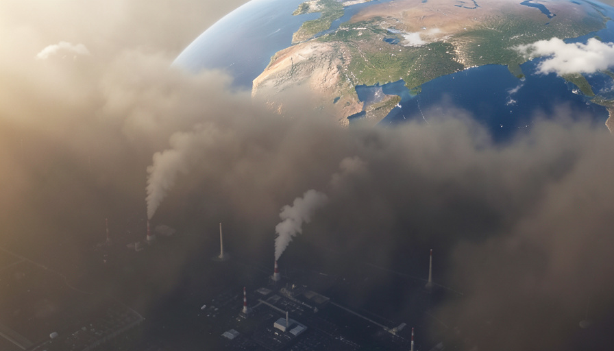 Industrial smokestacks releasing plumes into a thickening atmospheric haze above Earth, showing how human emissions strengthen the greenhouse effect