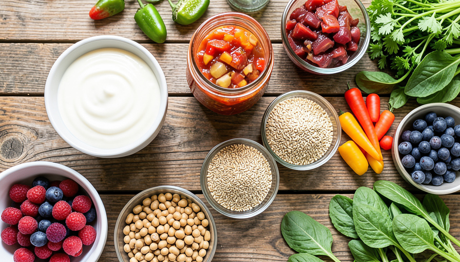 A spread of gut-healthy foods including yogurt, fermented vegetables, whole grains, legumes, berries and leafy greens