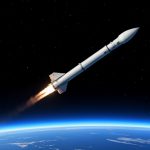 A white rocket arcing from vertical toward horizontal high above the curved blue Earth, atmosphere glowing on the horizon