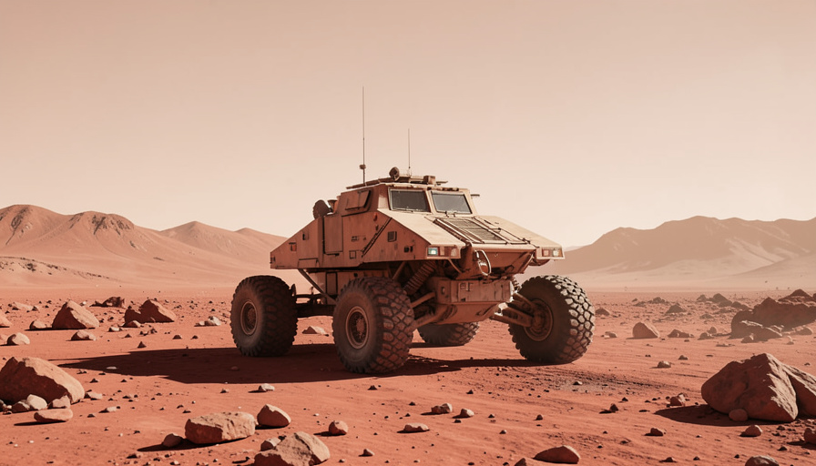 An exploration rover on the rusty red rocky surface of Mars under a pale butterscotch sky