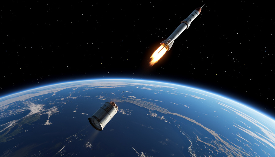 A rocket separating its spent lower booster stage high above Earth while the upper stage keeps firing, showing why rockets use multiple stages