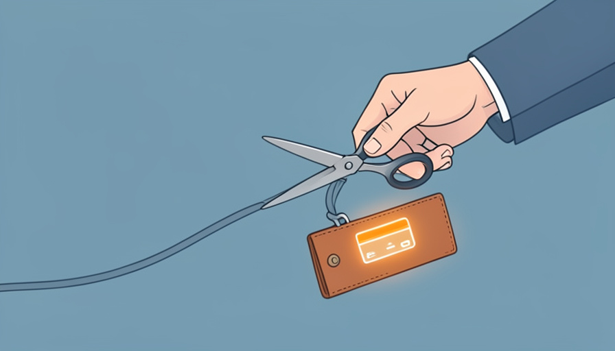Scissors cutting the cord between a wallet and a subscription card, symbolizing cancelling a subscription