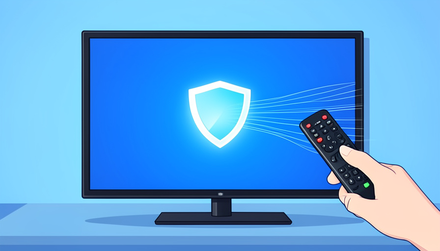 A hand using a remote to switch on a smart TV privacy setting, with tracking data streams cut off