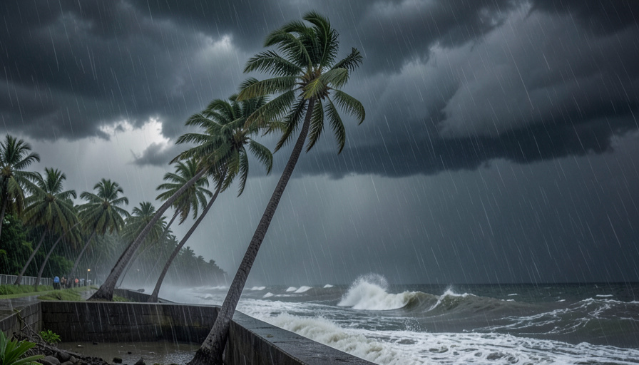 Palm trees bending in fierce hurricane winds as waves crash over a seawall under dark storm clouds and heavy rain