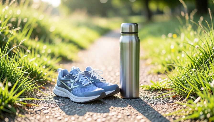 A pair of blue running shoes and a steel water bottle on a sunlit grassy walking path