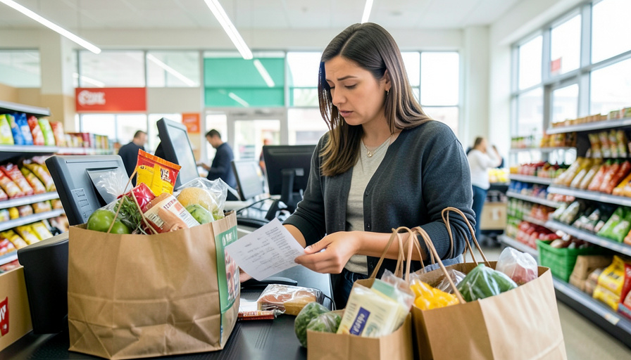 A shopper studying a long grocery receipt at a supermarket checkout, illustrating how inflation raises the cost of living