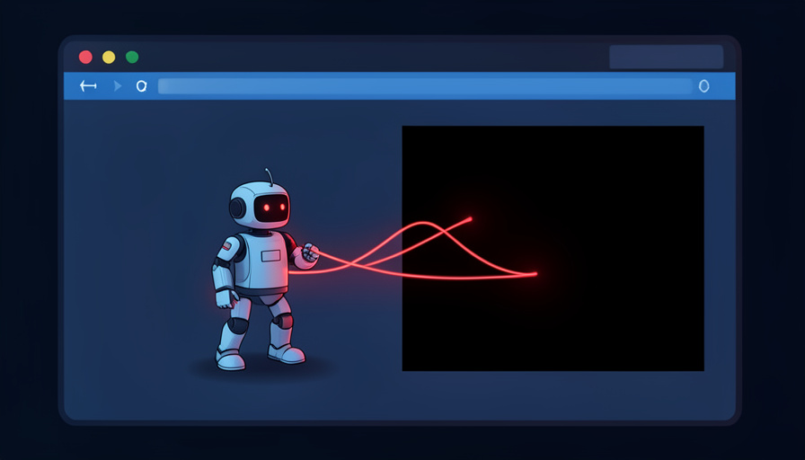 An AI browser agent controlled like a puppet by red strings from a hidden part of a webpage, illustrating a prompt injection attack