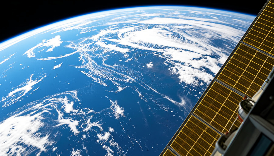Earth's blue oceans and clouds seen from orbit with a space station solar panel in the foreground, the kind of view from the International Space Station