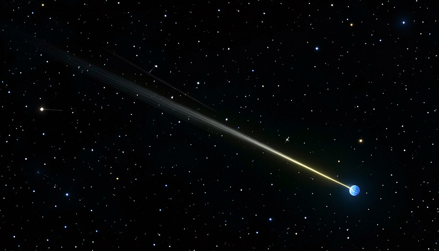 A streak of starlight crossing vast dark space toward a small distant blue planet, illustrating how far light travels in a year