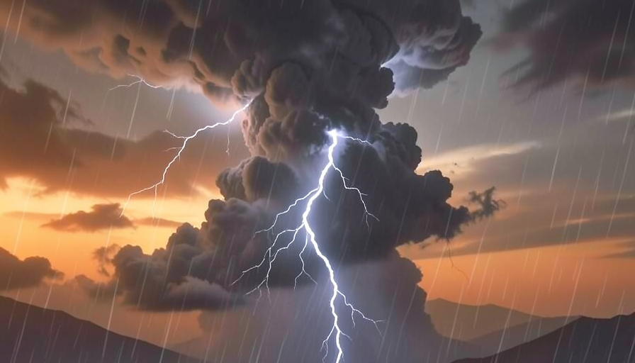 A towering cumulonimbus thundercloud at dusk with forked lightning and rain beneath it, the kind of storm cloud where lightning forms