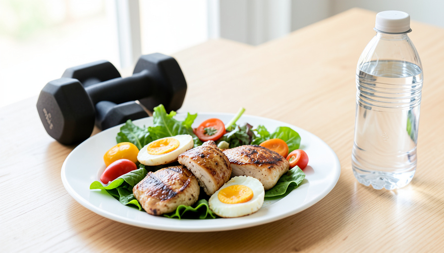 A high-protein meal beside dumbbells and water, representing muscle-building and activity, the real levers for metabolism