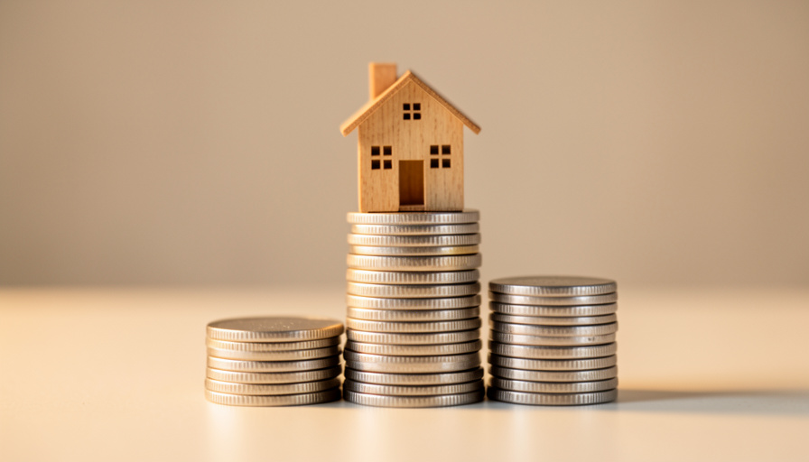 A small wooden model house sitting on top of a stack of coins beside shorter stacks, representing home equity building up over time