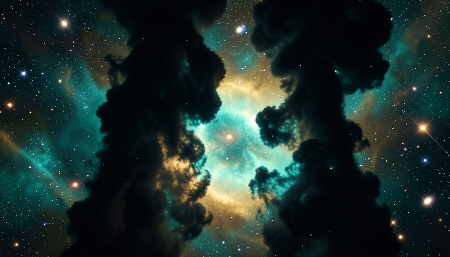Dark columns of dense interstellar gas and dust silhouetted against a glowing nebula dotted with newborn stars