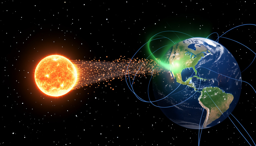 The Sun sending charged particles along Earth's magnetic field lines toward the pole, creating a green aurora, the mechanism behind the northern lights